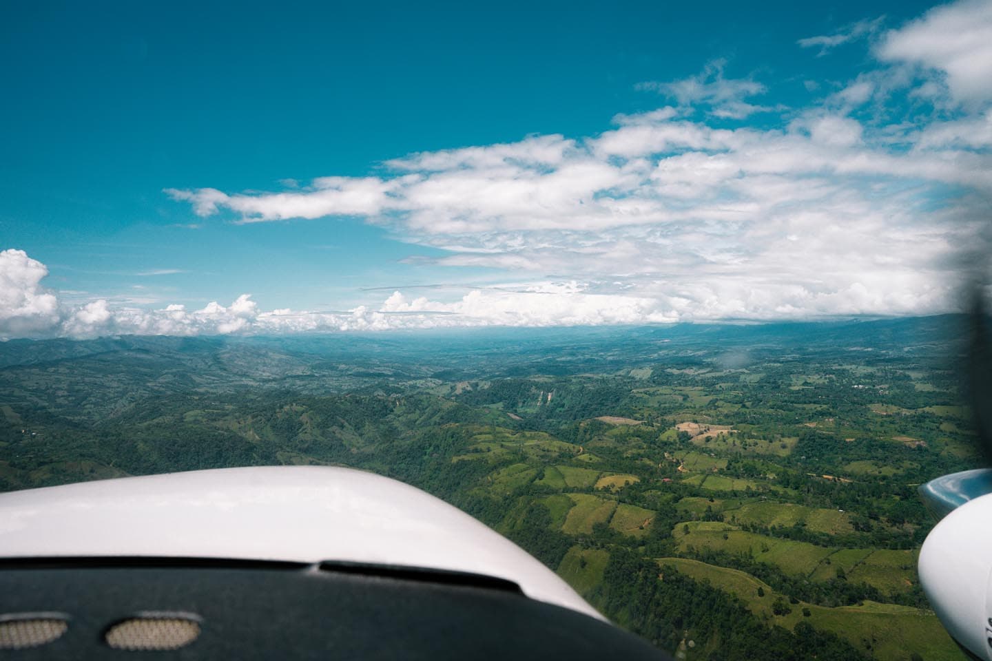 Helicopter flying over a Costa Rican volcano